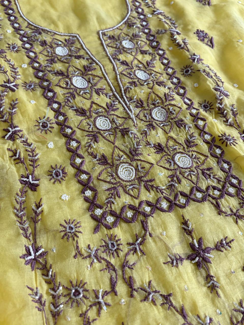 Mul Chanderi Handwork Chikankari Kurta Dupatta - Lemon Yellow