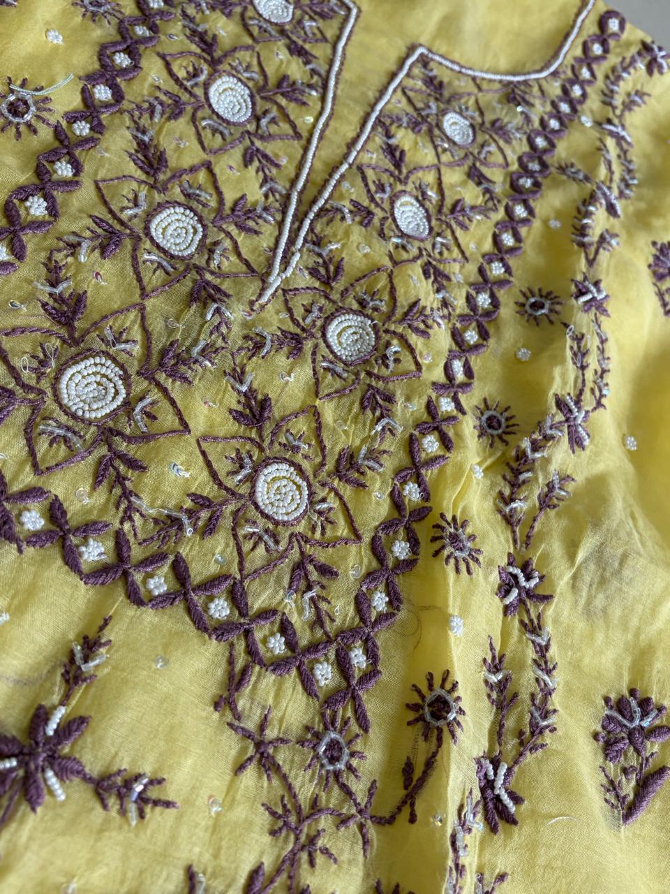 Mul Chanderi Handwork Chikankari Kurta Dupatta - Lemon  Yellow