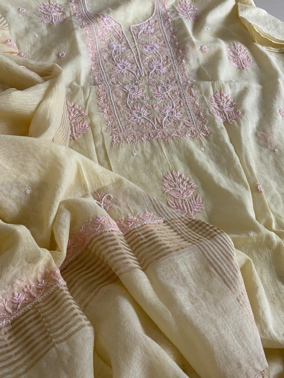 Mul Chanderi Handwork Chikankari Kurta Dupatta - Pale Yellow