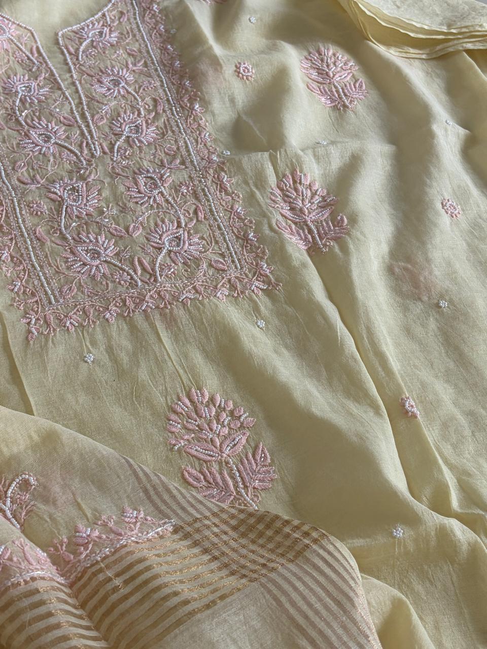 Mul Chanderi Handwork Chikankari Kurta Dupatta - Pale Yellow
