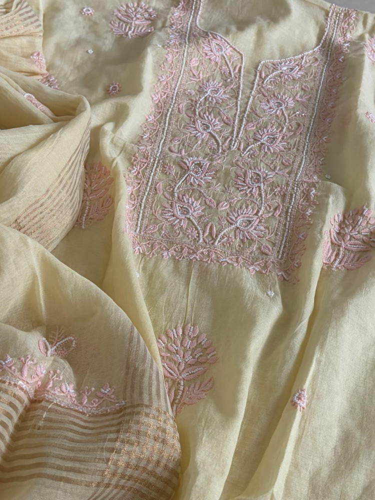Image of Mul Chanderi Handwork Chikankari Kurta Dupatta - Pale Yellow