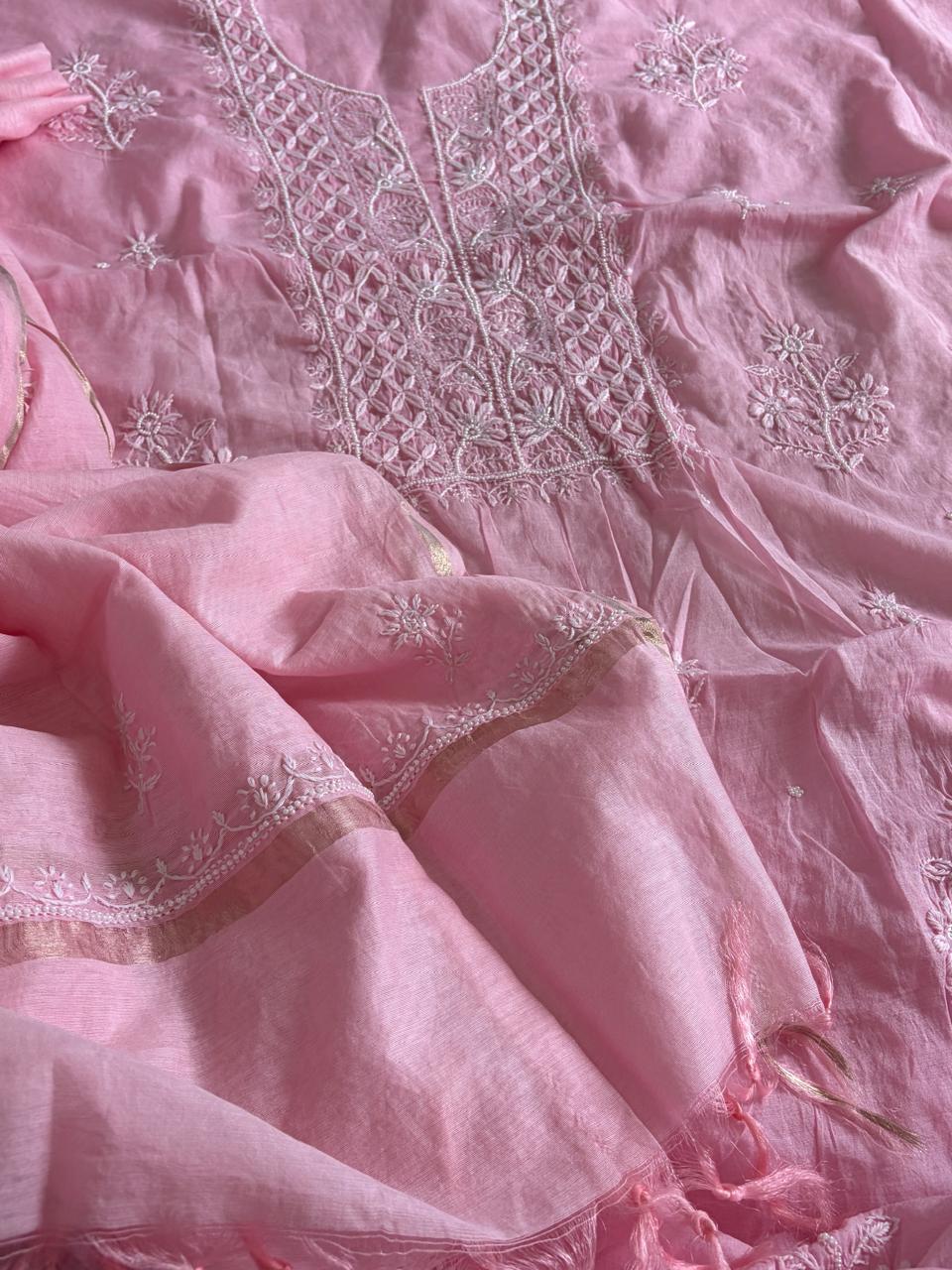 Mul Chanderi Handwork Chikankari Kurta Dupatta - Mauve Pink