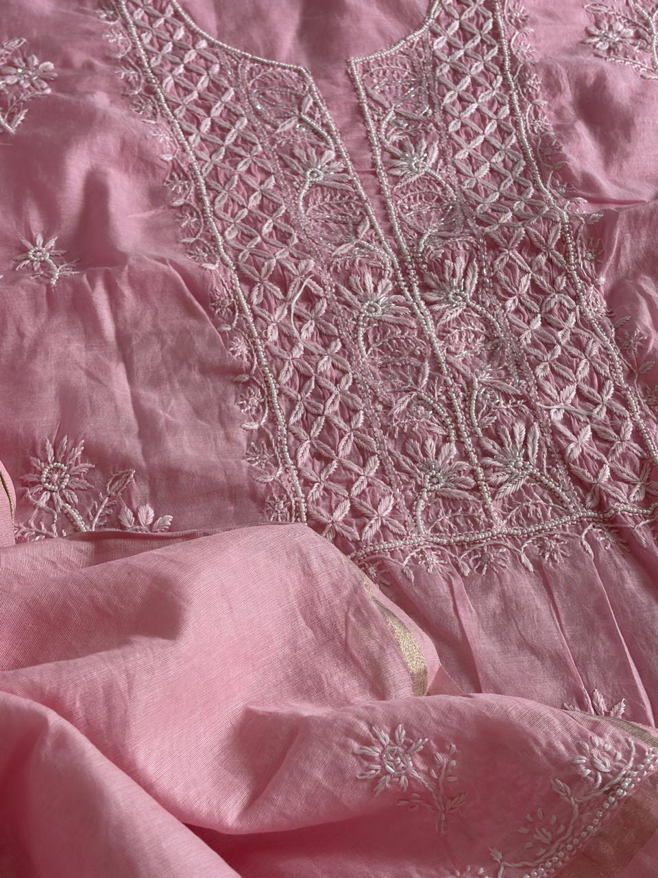 Mul Chanderi Handwork Chikankari Kurta Dupatta - Mauve Pink