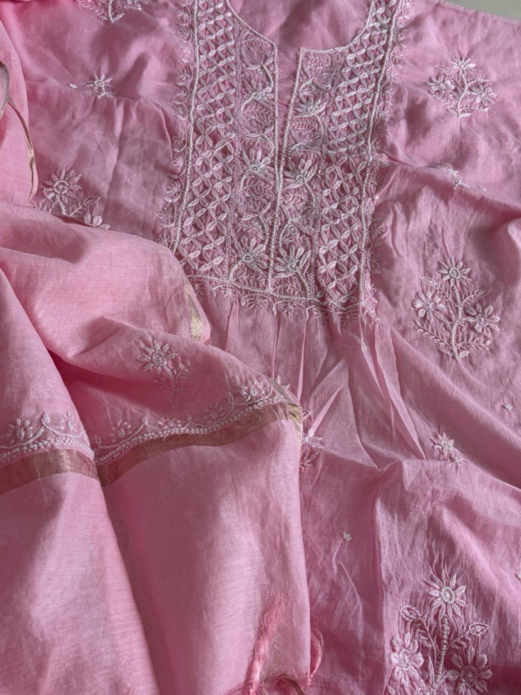 Image of Mul Chanderi Handwork Chikankari Kurta Dupatta - Mauve Pink