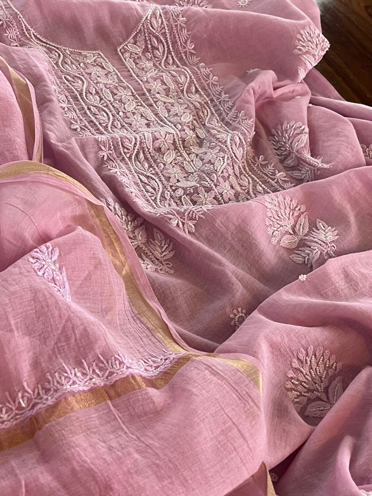 Mul Chanderi Handwork Chikankari Kurta Dupatta - Mauve Pink
