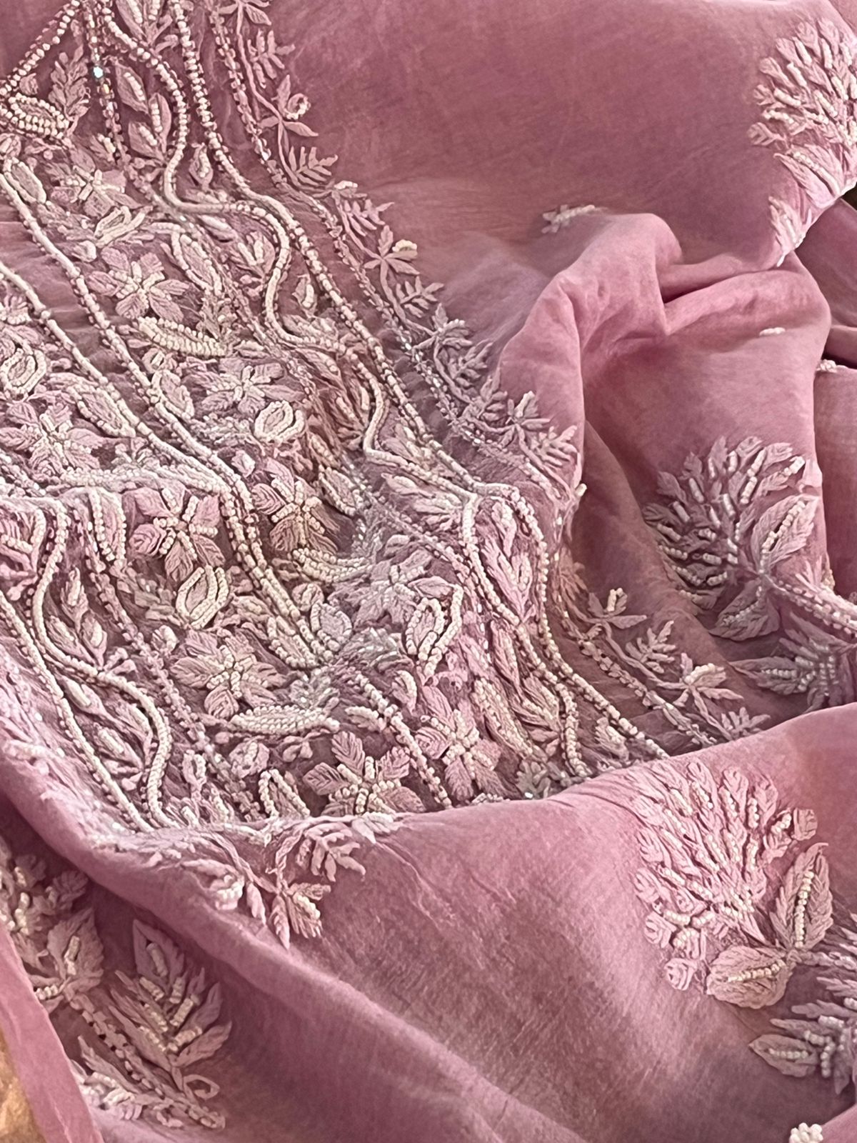 Mul Chanderi Handwork Chikankari Kurta Dupatta - Mauve Pink