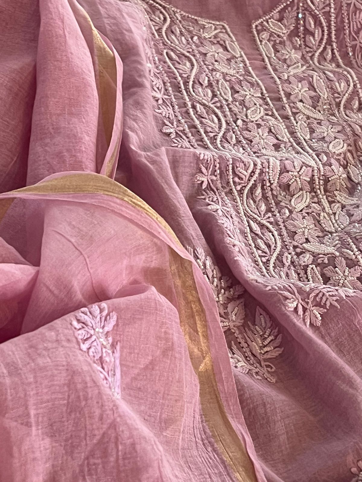 Mul Chanderi Handwork Chikankari Kurta Dupatta - Mauve Pink