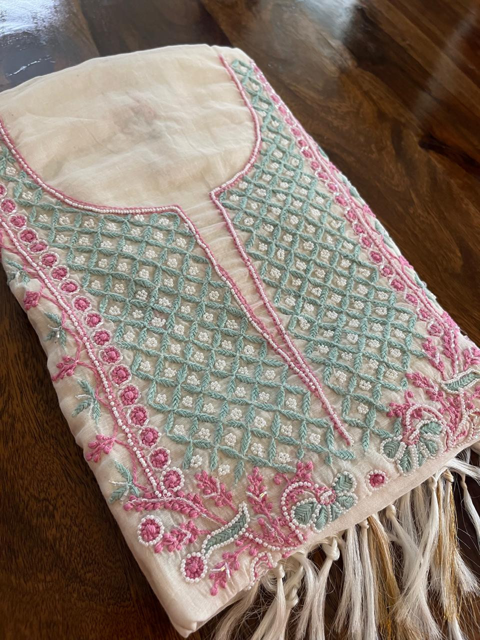 Mul Chanderi Handwork Chikankari Kurta Dupatta - Off White