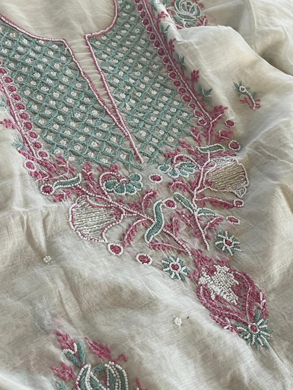 Mul Chanderi Handwork Chikankari Kurta Dupatta - Off White