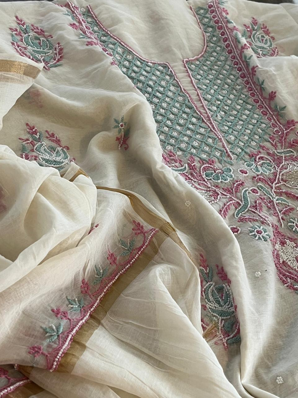 Mul Chanderi Handwork Chikankari Kurta Dupatta - Off White