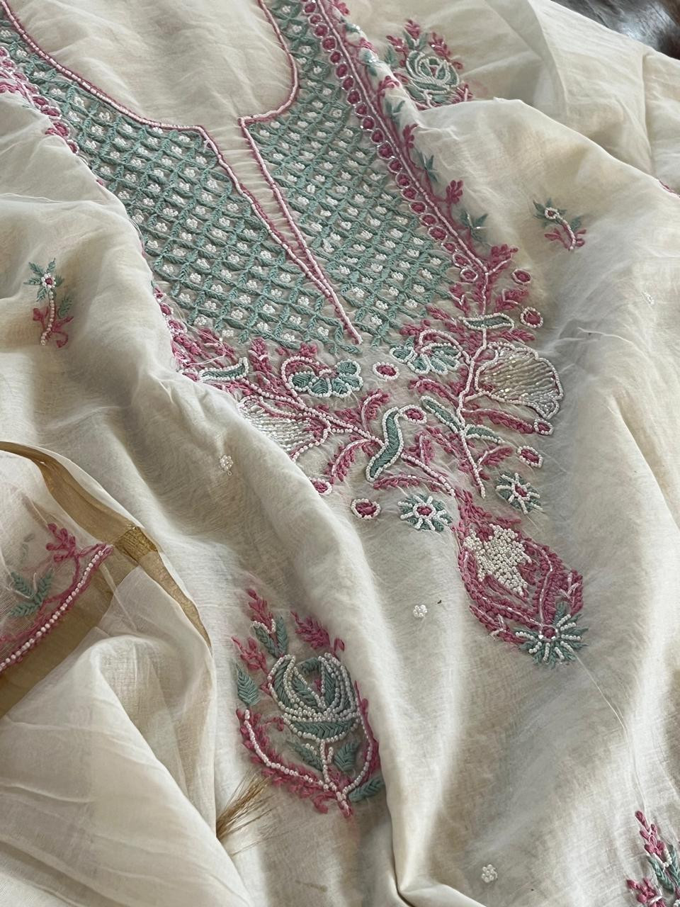 Mul Chanderi Handwork Chikankari Kurta Dupatta - Off White