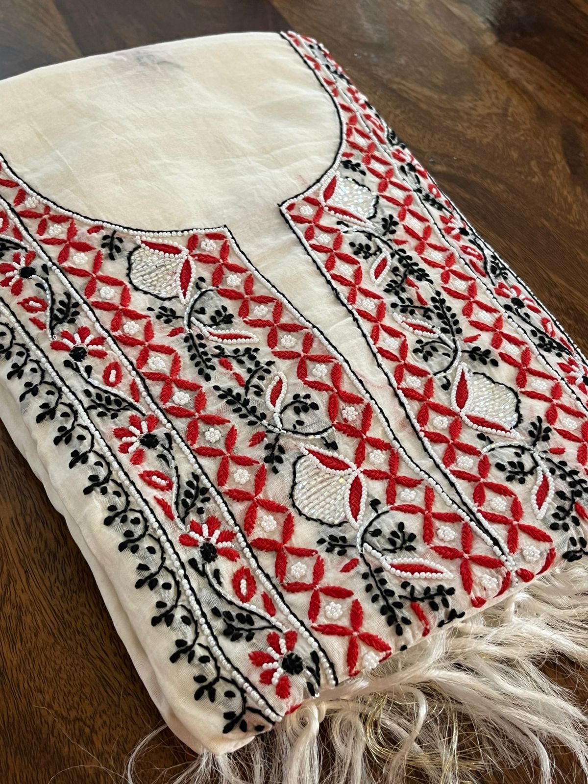 Mul Chanderi Handwork Chikankari Kurta Dupatta - Off White