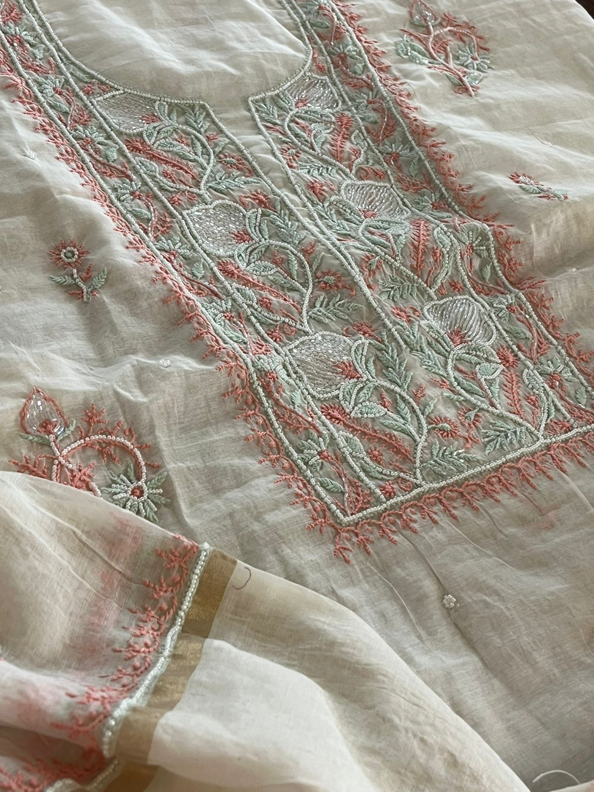 Mul Chanderi Handwork Chikankari Kurta Dupatta - Off White