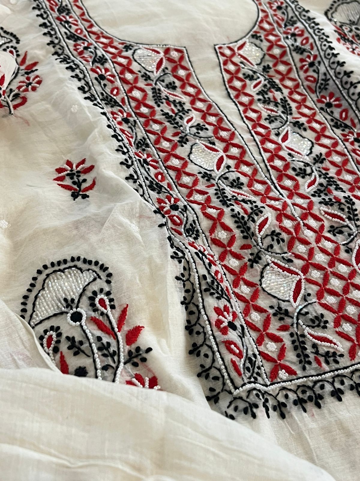 Mul Chanderi Handwork Chikankari Kurta Dupatta - Off White