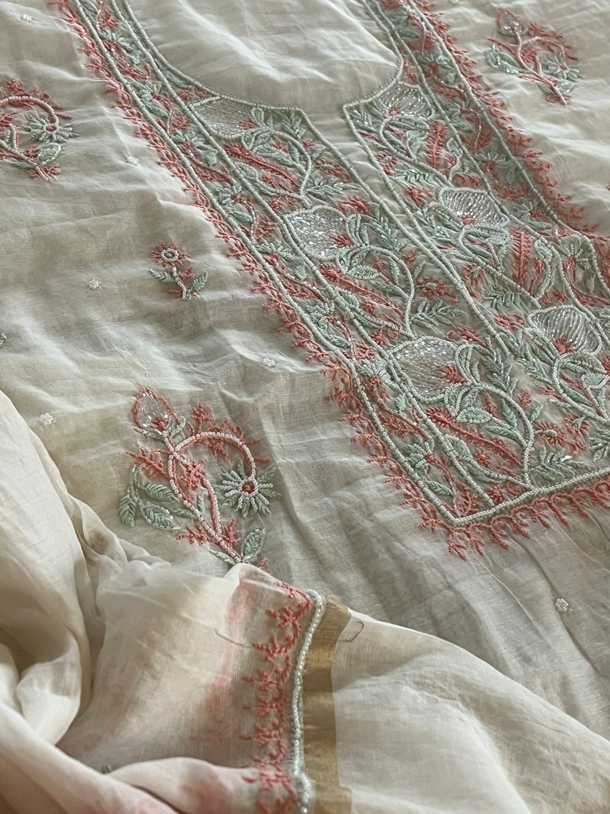 Mul Chanderi Handwork Chikankari Kurta Dupatta - Off White