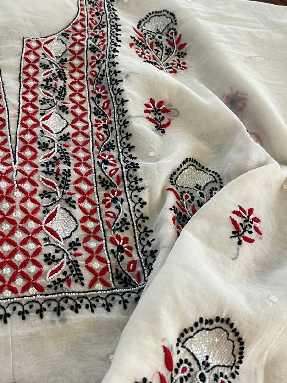 Mul Chanderi Handwork Chikankari Kurta Dupatta - Off White