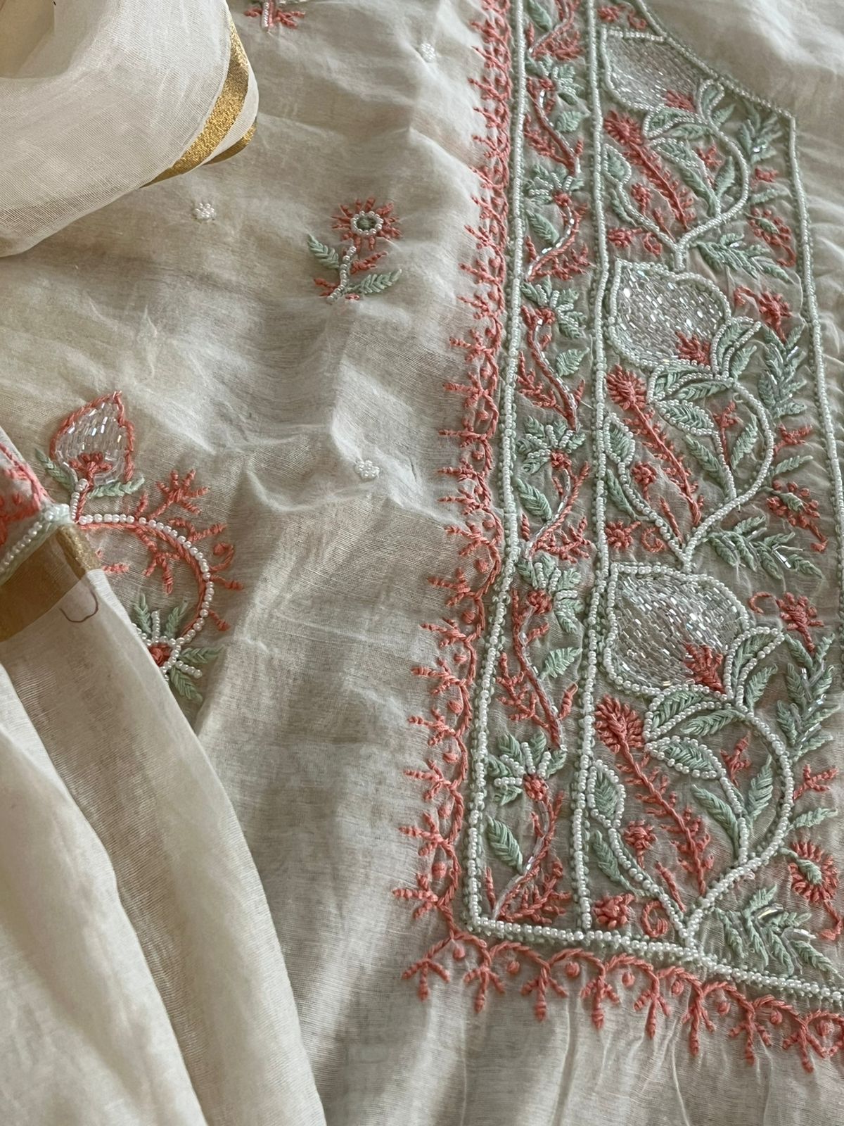 Mul Chanderi Handwork Chikankari Kurta Dupatta - Off White
