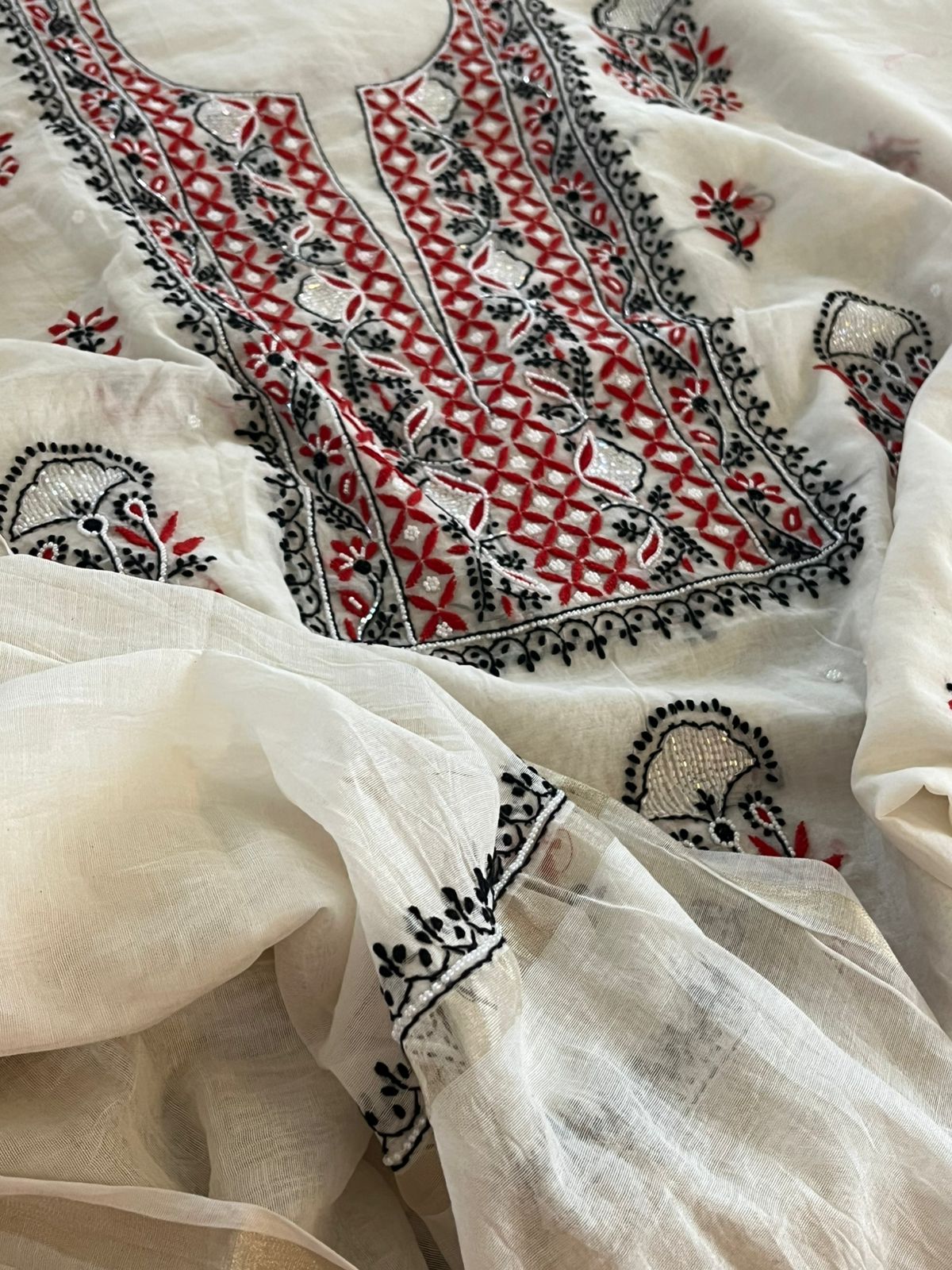 Mul Chanderi Handwork Chikankari Kurta Dupatta - Off White
