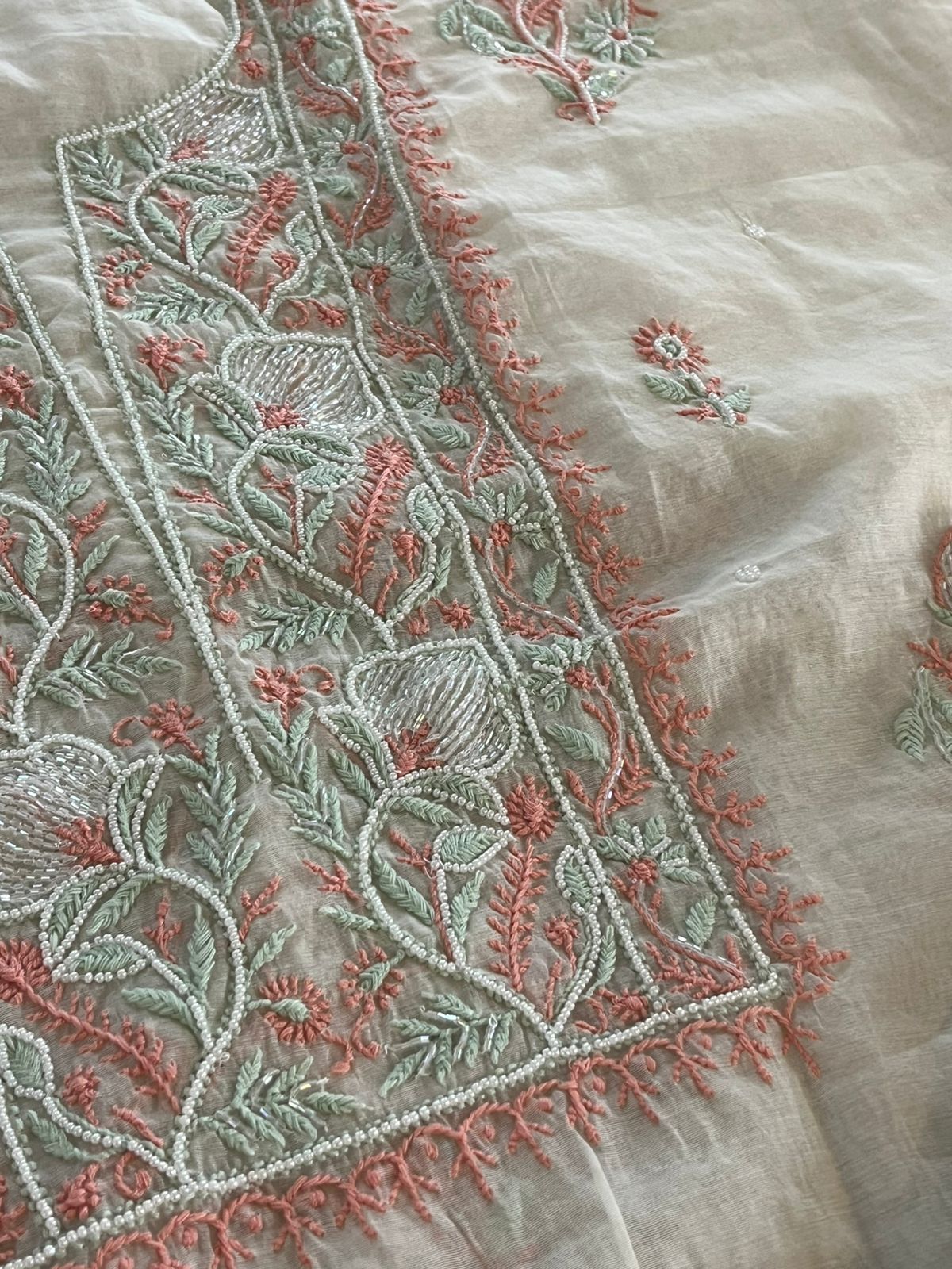 Mul Chanderi Handwork Chikankari Kurta Dupatta - Off White