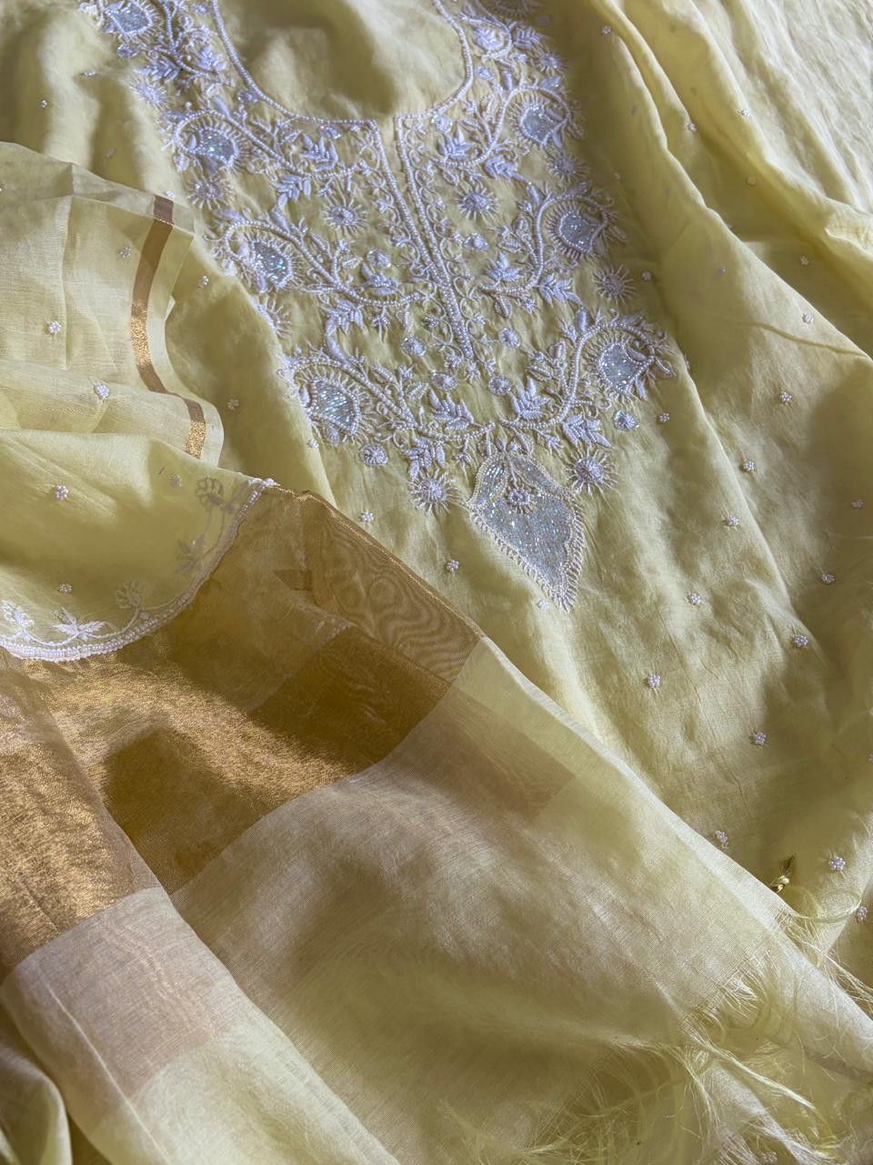 Mul Chanderi Handwork Chikankari Kurta Dupatta - Pastel Yellow