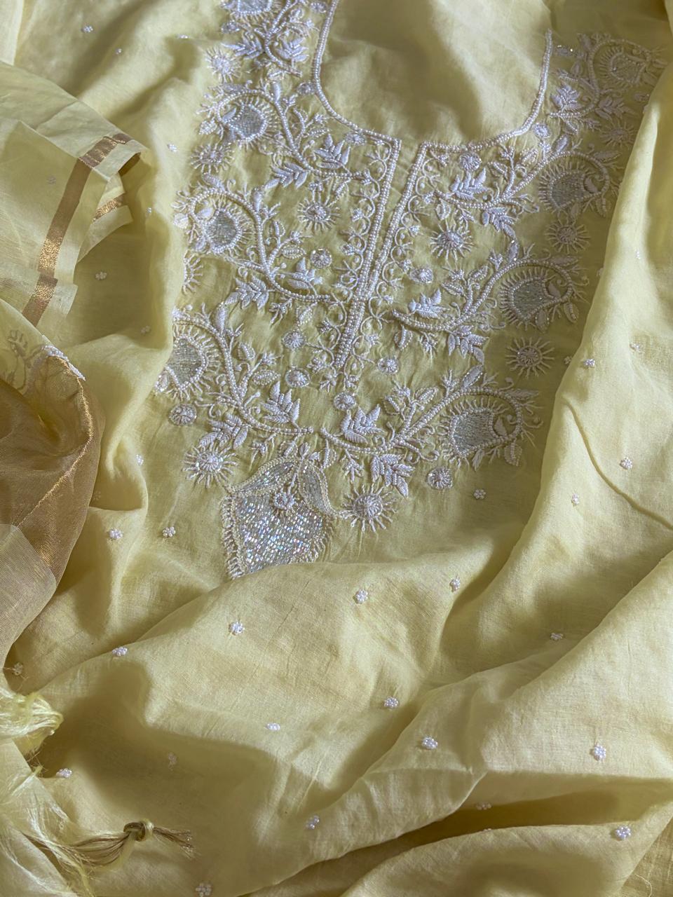 Mul Chanderi Handwork Chikankari Kurta Dupatta - Pastel Yellow