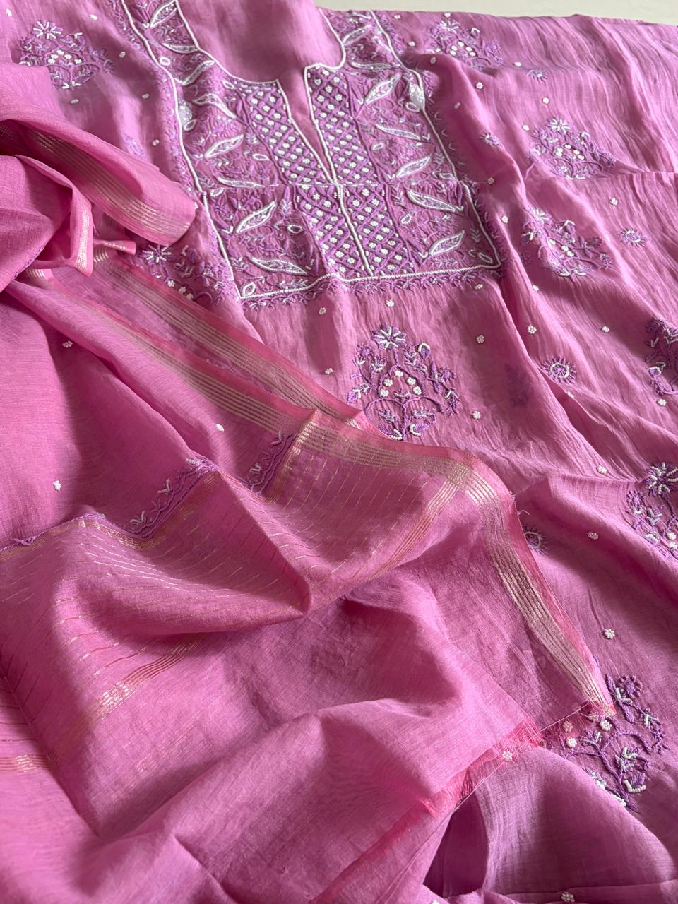 Mul Chanderi Handwork Chikankari Kurta Dupatta - Purple
