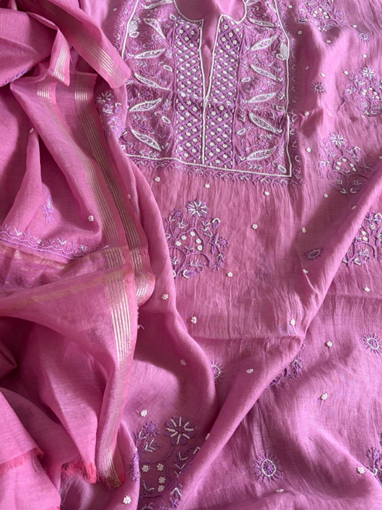 Image of Mul Chanderi Handwork Chikankari Kurta Dupatta - Purple