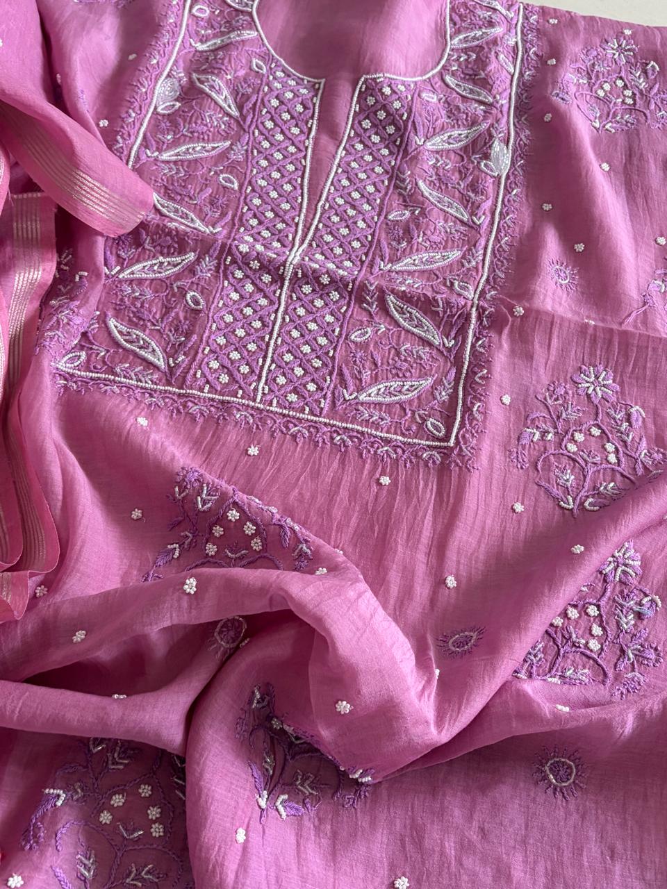 Mul Chanderi Handwork Chikankari Kurta Dupatta - Purple