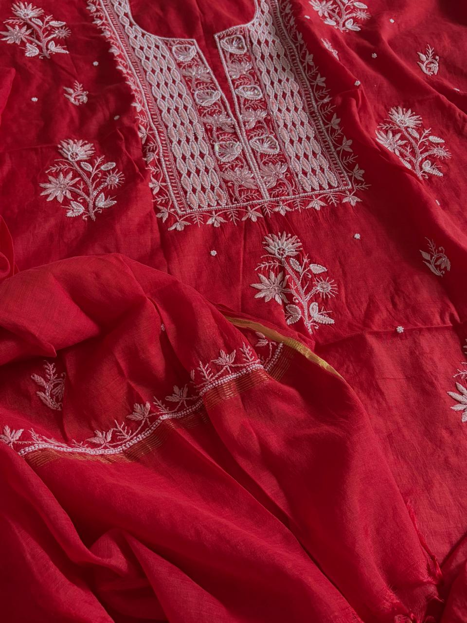 Mul Chanderi Handwork Chikankari Kurta Dupatta - Red