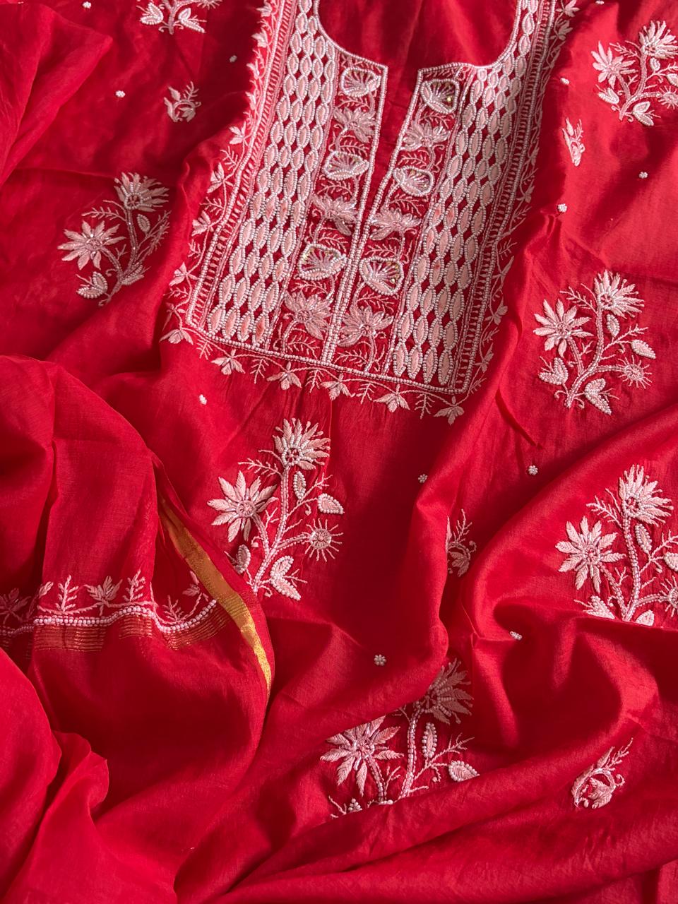 Mul Chanderi Handwork Chikankari Kurta Dupatta - Red