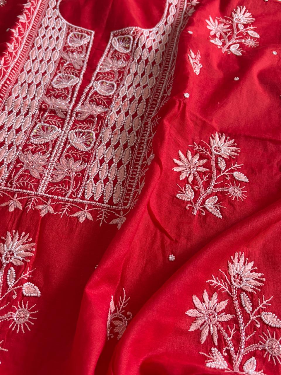 Mul Chanderi Handwork Chikankari Kurta Dupatta - Red