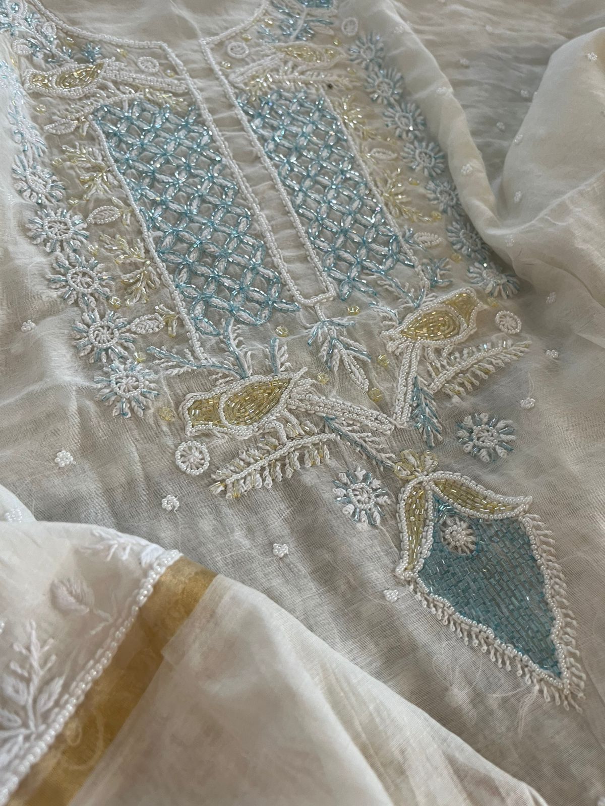 Mul Chanderi Handwork Chikankari Kurta Dupatta - White