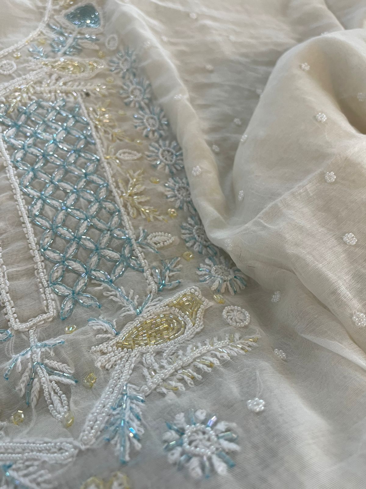 Mul Chanderi Handwork Chikankari Kurta Dupatta - White
