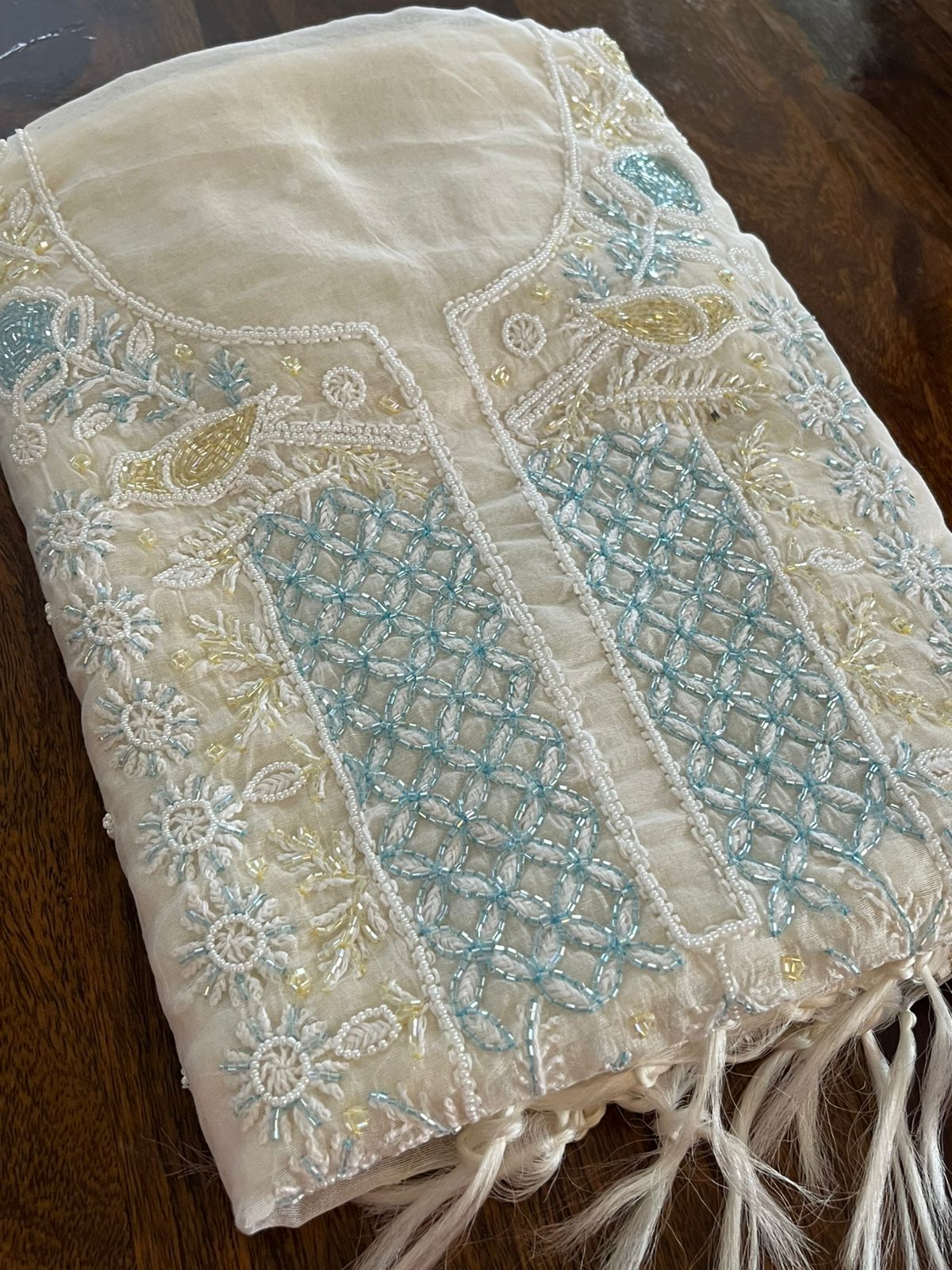 Mul Chanderi Handwork Chikankari Kurta Dupatta - White