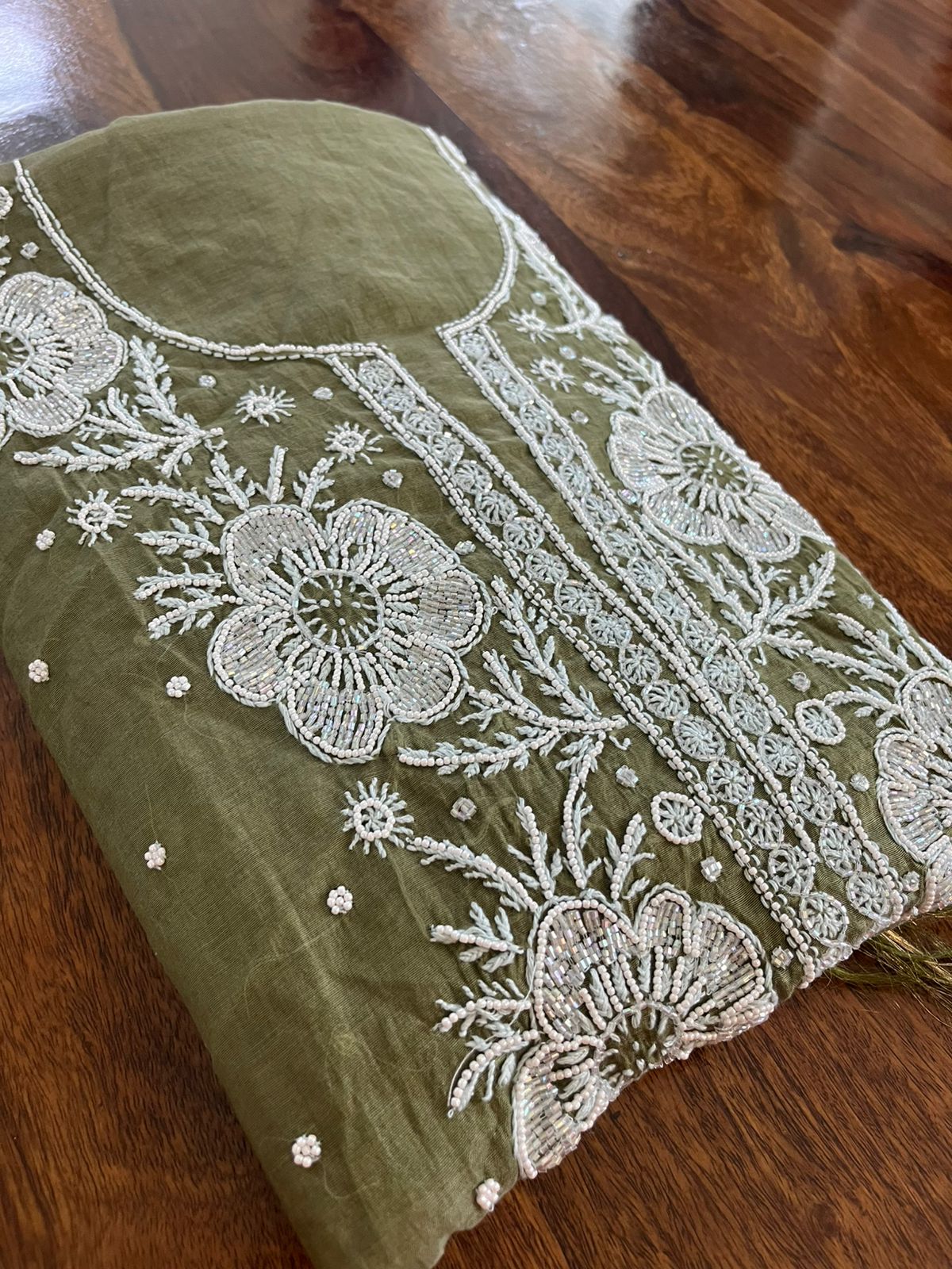 Mul Chanderi Handwork Chikankari Kurta Dupatta - Olive Green