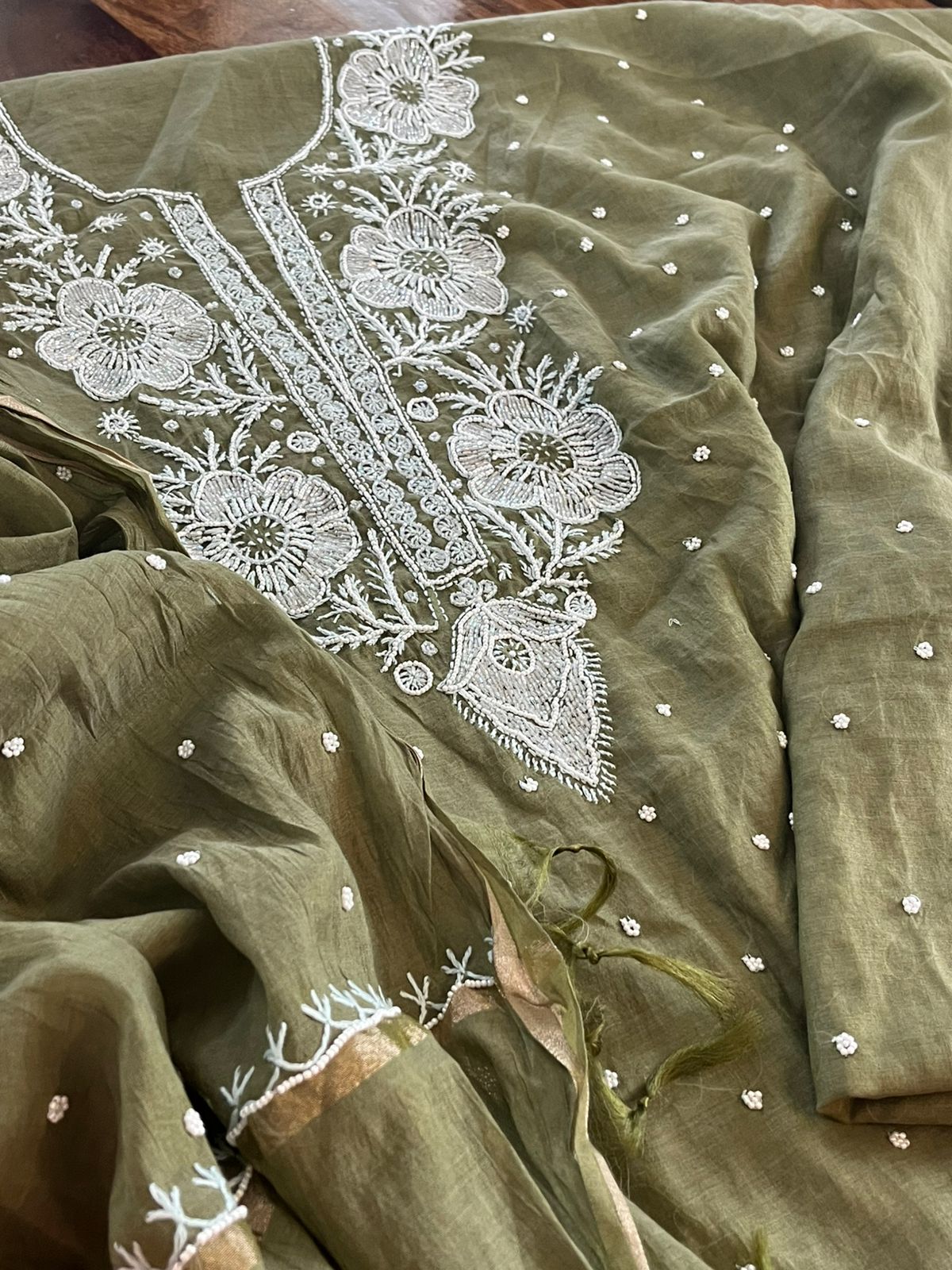 Mul Chanderi Handwork Chikankari Kurta Dupatta - Olive Green