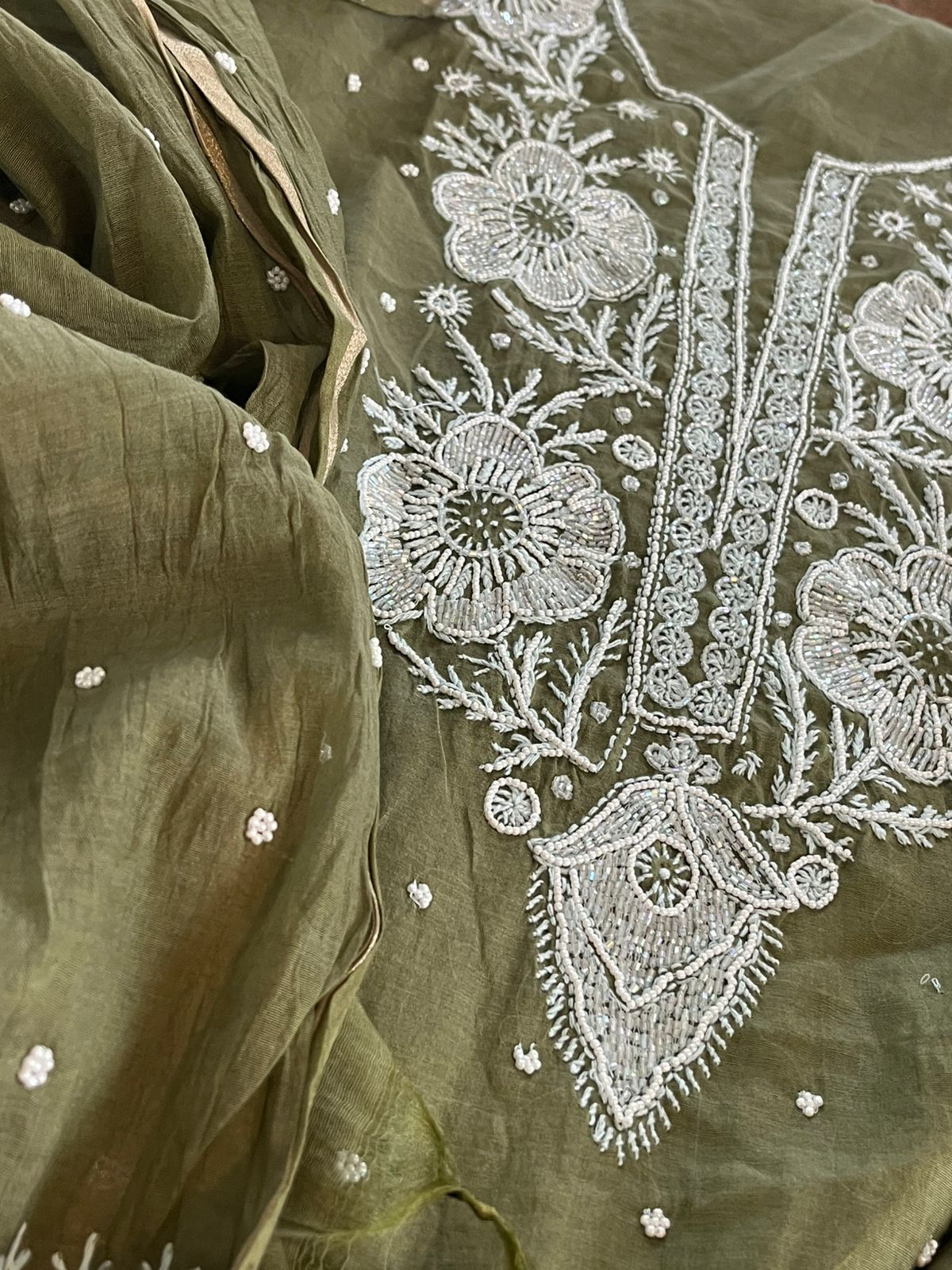 Mul Chanderi Handwork Chikankari Kurta Dupatta - Olive Green