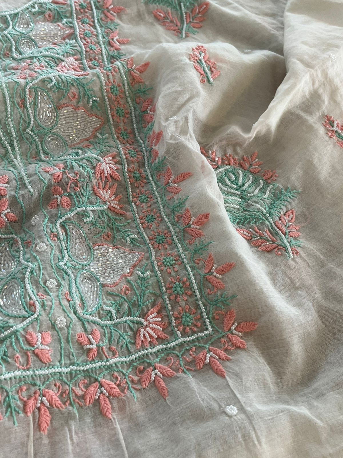 Mul Chanderi Handwork Chikankari Kurta Dupatta - Moon White