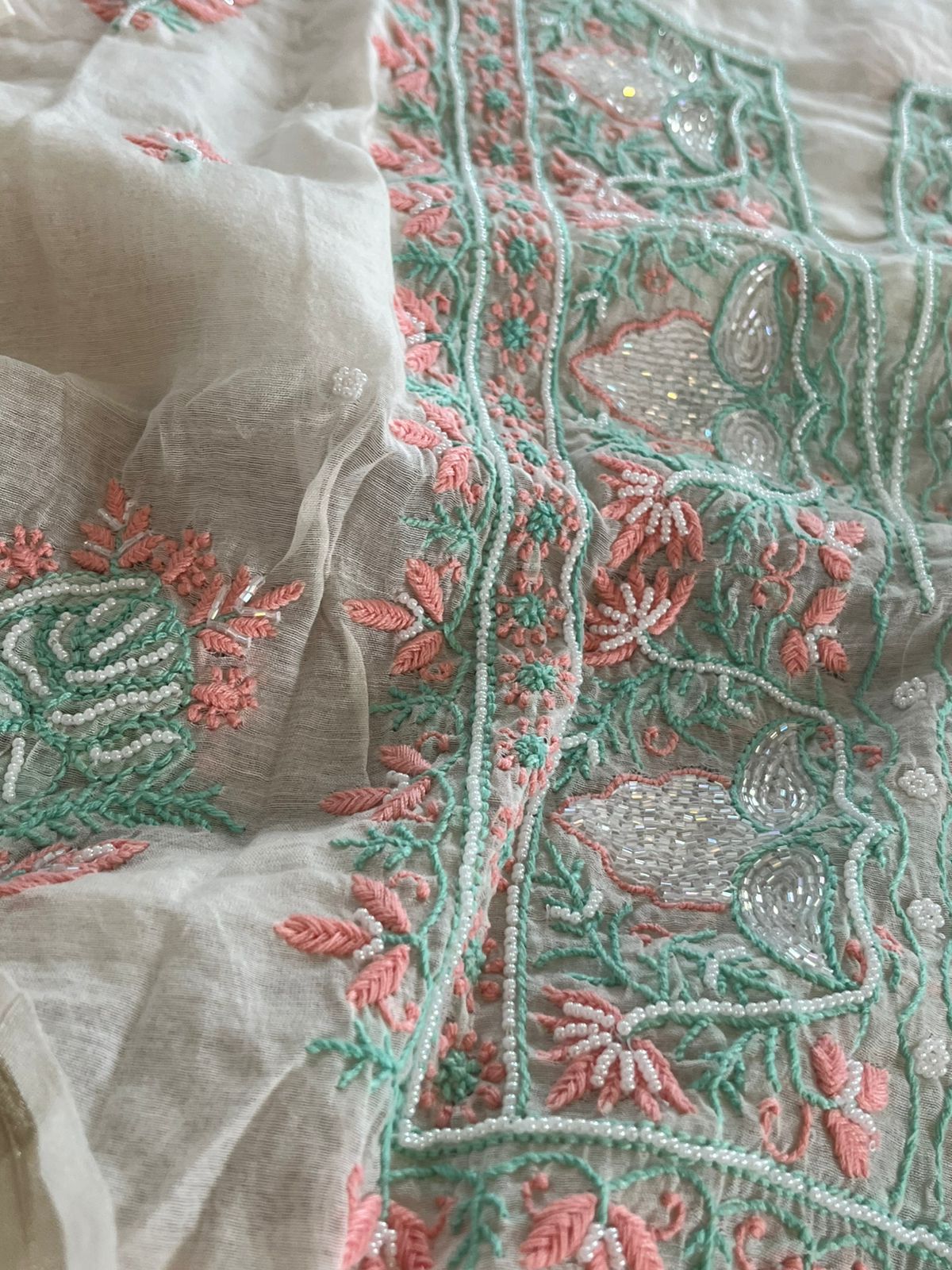 Mul Chanderi Handwork Chikankari Kurta Dupatta - Moon White