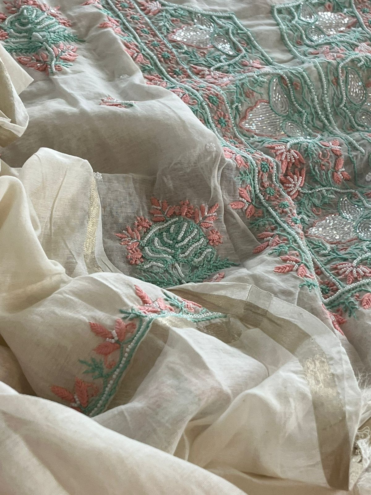 Mul Chanderi Handwork Chikankari Kurta Dupatta - Moon White