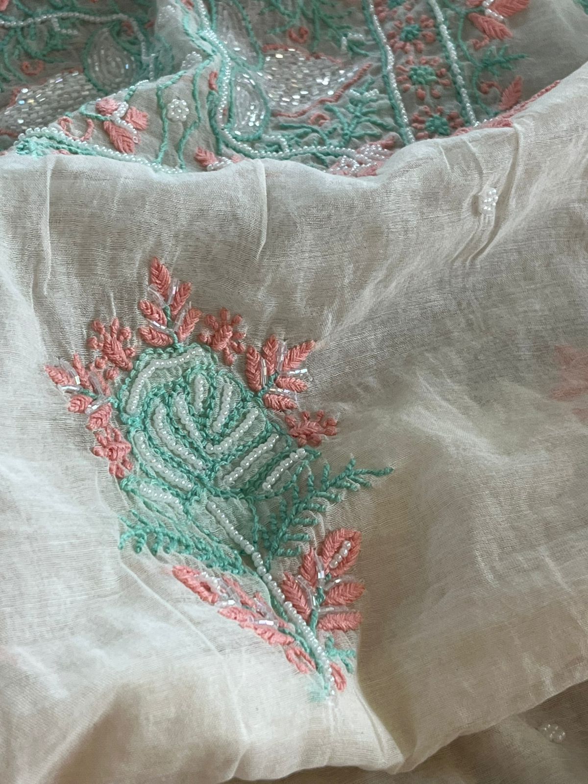 Mul Chanderi Handwork Chikankari Kurta Dupatta - Moon White