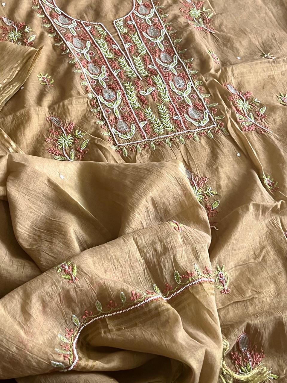 Mul Chanderi Handwork Chikankari Kurta Dupatta - Beige