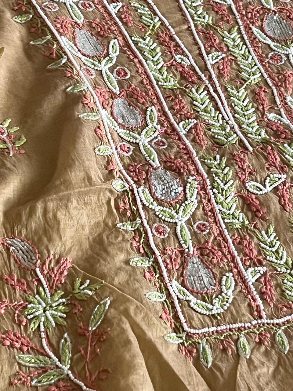 Mul Chanderi Handwork Chikankari Kurta Dupatta - Beige