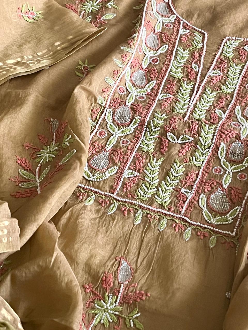 Mul Chanderi Handwork Chikankari Kurta Dupatta - Beige