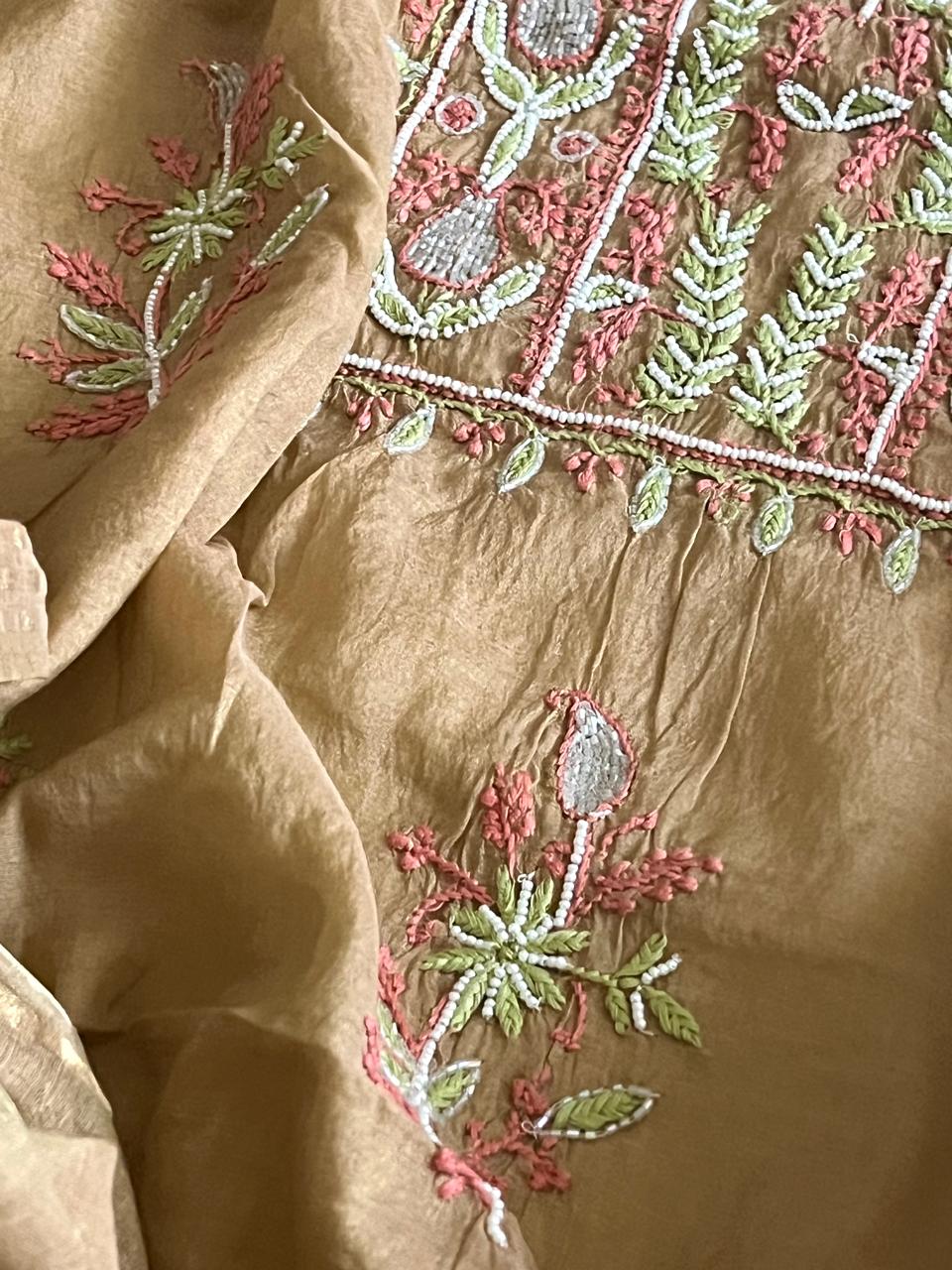 Mul Chanderi Handwork Chikankari Kurta Dupatta - Beige