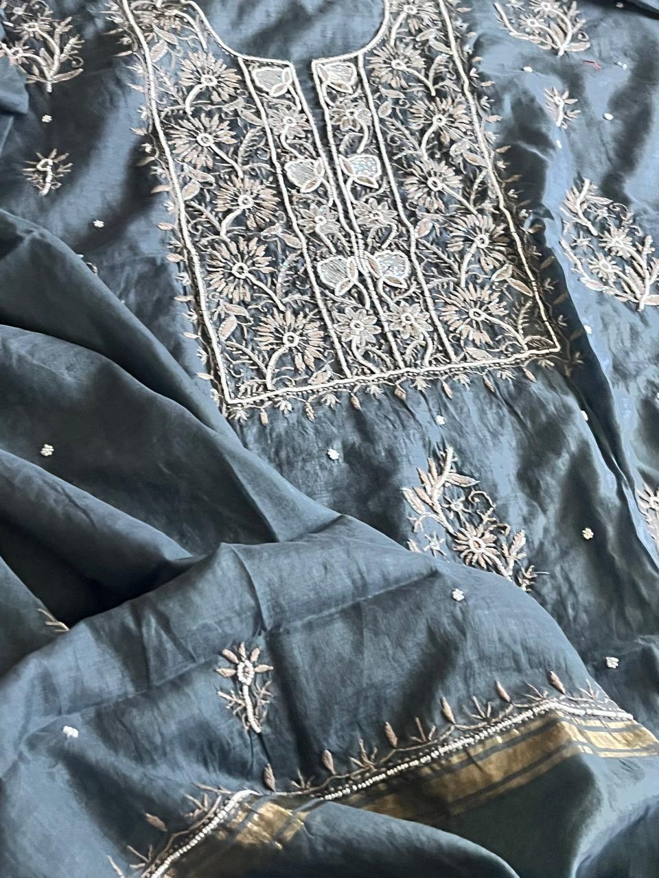 Mul Chanderi Handwork Chikankari Kurta Dupatta - Bluish Grey