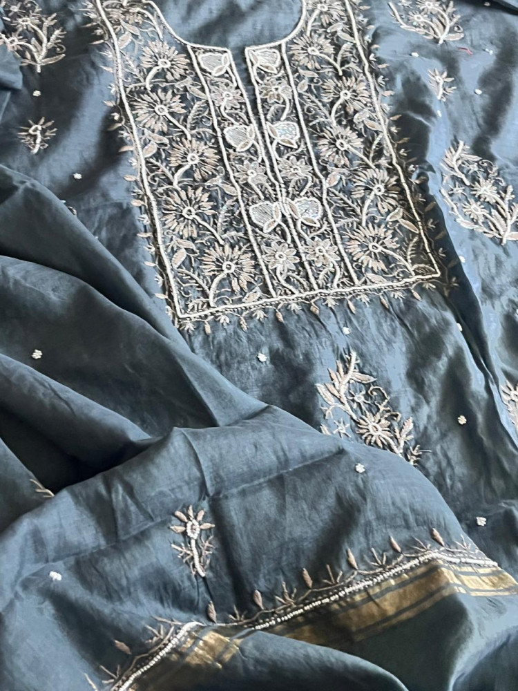Image of Mul Chanderi Handwork Chikankari Kurta Dupatta - Bluish Grey
