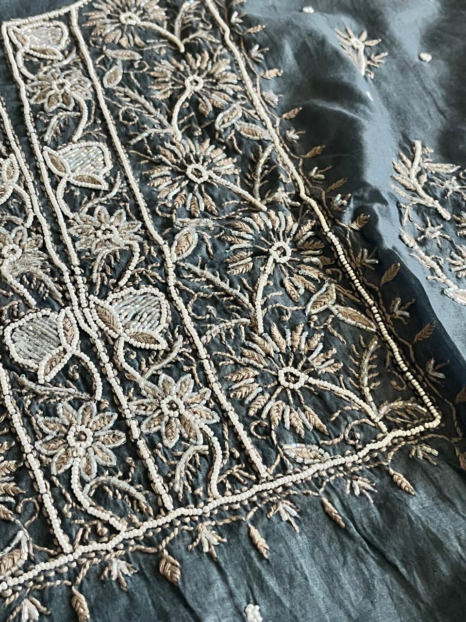 Mul Chanderi Handwork Chikankari Kurta Dupatta - Bluish Grey