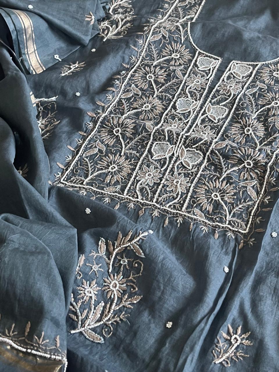 Mul Chanderi Handwork Chikankari Kurta Dupatta - Bluish Grey