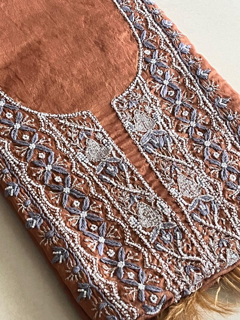 Mul Chanderi Handwork Chikankari Kurta Dupatta - Caramel
